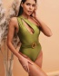 Fashion Armygreen One-piece Swimsuit With Cutout Shoulder And Belt