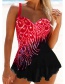 Fashion Rose Red Feather Print Conservative Plus Size Split Skirt Swimsuit