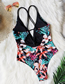 Fashion Green Leaf Pink Water Lily Printed Backless Stitching One-piece Swimsuit