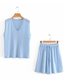 Fashion Blue Knitted V-neck Sleeveless Top Shorts Suit