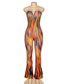 Fashion Orange Open-back Printed Tube Top Deep V-neck Slim Bodysuit