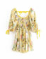 Fashion Yellow Square Collar Floral Print Bubble Sleeve Lace Dress