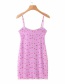 Fashion Purple Floral Print Mesh Gauze Halter Dress