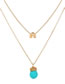 Fashion Golden Letter With Diamond Natural Turquoise Water Drop Double Necklace