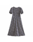 Fashion Navy Blue Square Neck Short Sleeve Printed Split Dress