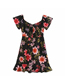 Fashion Black Background Flower Flying Sleeve Flower Print Stitching Short Sleeve Dress