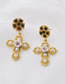 Fashion Golden Gemstone Cross Baroque Ceramic Flower Pearl Earrings