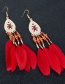 Fashion Pink Drop-shaped Feather Beaded Alloy Earrings