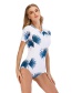 Fashion Blue Leaves Printed Leaf Contrast Color Zipper One-piece Swimsuit Wetsuit