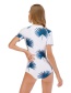 Fashion Blue Leaves Printed Leaf Contrast Color Zipper One-piece Swimsuit Wetsuit