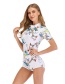 Fashion White Leaf Flower Printed One-piece Swimsuit Diving Suit