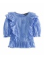 Fashion Blue Embroidered Ruffled Pullover Shirt