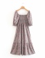 Fashion Dark Grey Square Neck Floral Print Pleated Dress