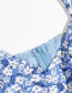 Fashion Blue V-neck Split Dress With Floral Print Suspenders