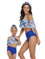 Fashion Blue Off-the-shoulder Printed Tassel High Waist Parent-child Split Swimsuit  Nylon