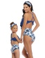 Fashion Up Blue Flowers Down Blue Pants Printed Stitching Mesh High Waist Parent-child Split Swimsuit  Nylon