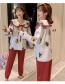 Fashion White Long-sleeved Printed Contrast Cotton Pajamas Suit  Knitted Cotton