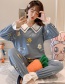 Fashion Flowers Long-sleeved Printed Contrast Cotton Pajamas Suit  Knitted Cotton