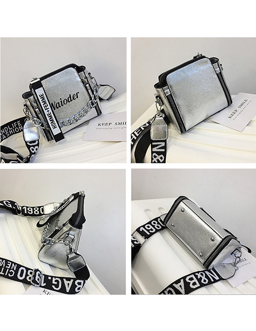 Fashion Silver Chain Letter Printed Broadband Shoulder Messenger Bag