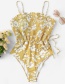 Fashion Yellow Cable-print Pleated Printed Tube Top Sling Swimsuit