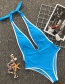 Fashion Blue Hanging Neck Tether Stitching Contrast Color One-piece Swimsuit