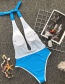 Fashion Blue Hanging Neck Tether Stitching Contrast Color One-piece Swimsuit