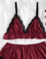 Fashion Red Wine Oily Cloth Lace Pleated Split Pajamas Set