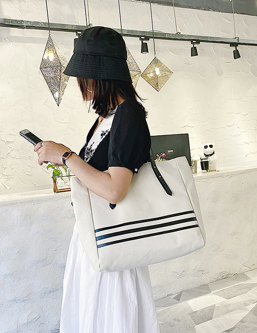Fashion Black Canvas Stripe Contrast Shoulder Bag