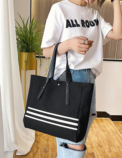 Fashion Black Canvas Stripe Contrast Shoulder Bag