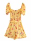 Fashion Yellow Flower Sleeve Jumpsuit With Puff Sleeves And Belt
