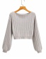 Fashion Gray Striped Knitted Crew Neck Lantern Sleeve Sweater