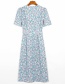 Fashion Blue Flower-printed V-neck Single-breasted Lace Dress