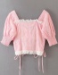 Fashion Pink Lace-up Puff Sleeve Stitching Contrast Color Fungus Shirt