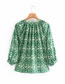 Fashion Green Printed Round Neck Puff Sleeve Single Breasted Top