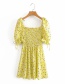 Fashion Yellow Floral Print Tethered Puff Sleeve Dress