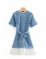Fashion Blue Denim Check Lace Up Dress With Receive Waist