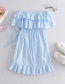 Fashion Blue Bandeau Embroidered Tether Strap Ruffle Dress