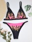 Fashion Pink Flame Print Contrast Color Split Swimsuit