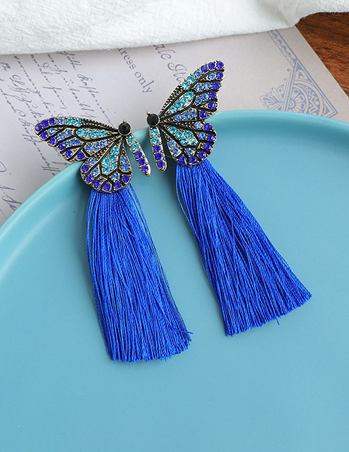 Fashion Royal Blue Butterfly Tassel Earrings With Alloy Diamonds