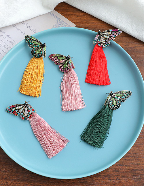 Fashion Ginger Butterfly Tassel Earrings With Alloy Diamonds