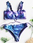 Fashion Blue Cut Flower Covered Leather Tether Split Swimsuit