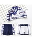 Fashion Navy Blue Camouflage (three-piece Set) Alphabet Printing Contrast Childrens Swimwear Swimming Trunks Swimming Cap