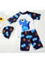Fashion Blue Dinosaur Printed Contrast Swimsuit For Children