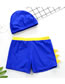 Fashion Blue Dinosaur Print Contrast Color Childrens Swimming Trunks And Swimming Cap