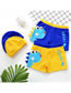 Fashion Blue Dinosaur Print Contrast Color Childrens Swimming Trunks And Swimming Cap