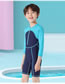 Fashion Lake Blue + Navy Blue Long Sleeve Childrens One-piece Swimsuit With Contrast Stitching