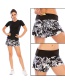 Fashion Black And White Printed Stitching Anti-glare Sports Zipper Yoga Shorts