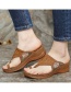 Fashion Light Brown Electric Embroidered Flowers Hollow Flip Wedge Slippers