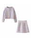 Fashion Purple Pearl Button Plaid Round Neck Top And Frayed Skirt Suit