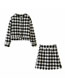 Fashion Black Pearl Button Plaid Round Neck Top And Frayed Skirt Suit